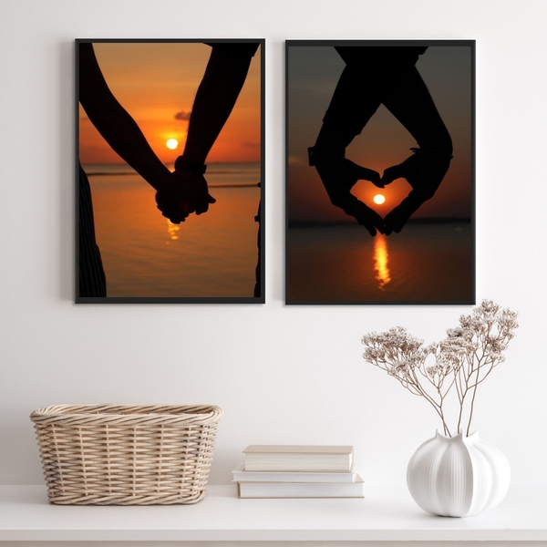 Kit 2 Quadros Decorativos Casal Por Do Sol Praia 45x34cm - Co