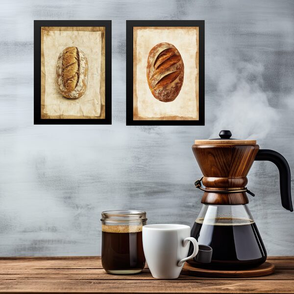 Kit 2 Quadros Decorativos Cozinha Pães 45x34cm - Com Vidro Mo