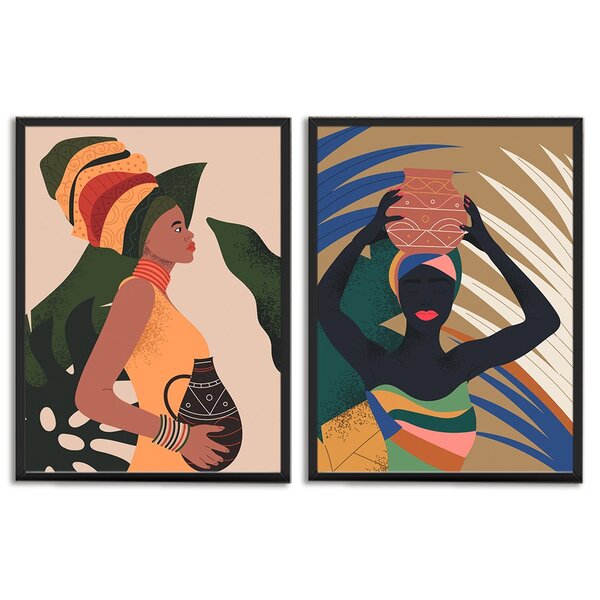 Kit 2 Quadros Decorativos Cultura Africana Folhagens