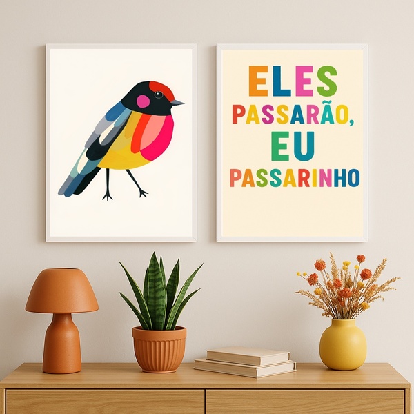 Kit 2 Quadros Decorativos Eles Passarão Eu Passarinho 45x34cm