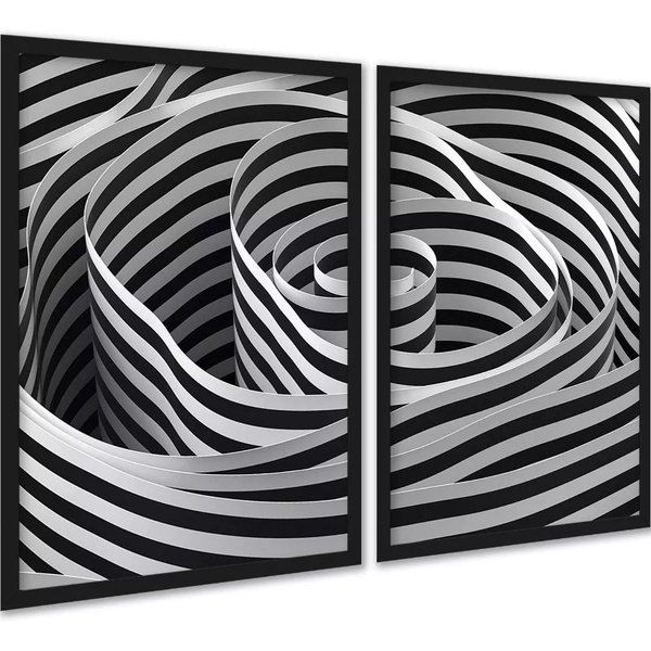 Kit 2 Quadros Decorativos Espiral Listras Branco Preto 45x34c