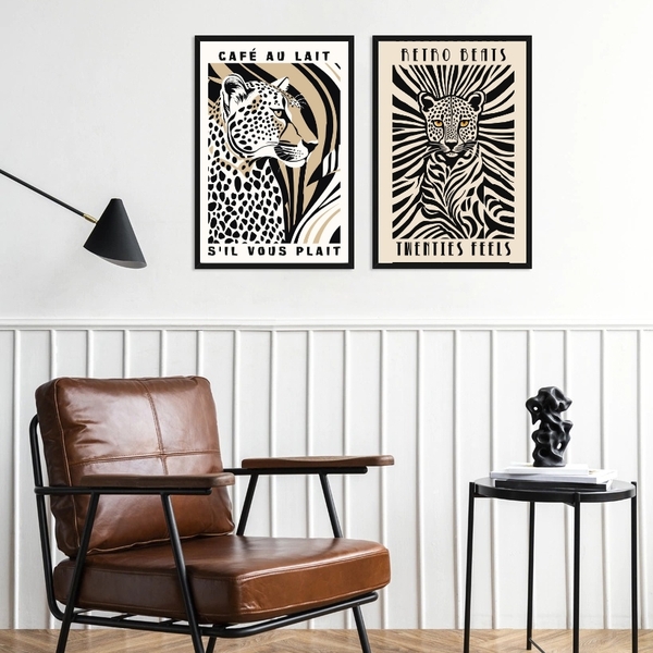 Kit 2 Quadros Decorativos Felinos Retrô 24x18cm Moldura Branca