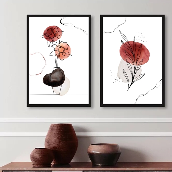 Kit 2 Quadros Decorativos Flor E Folha- Manchas Aquarela 33x2