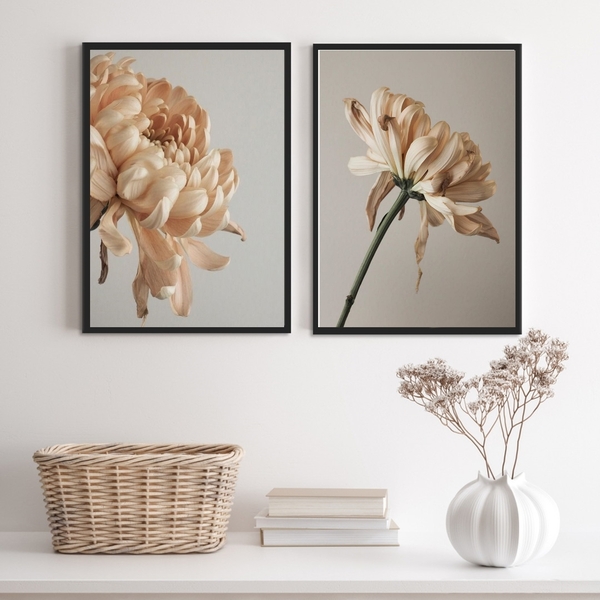 Kit 2 Quadros Decorativos Florais Bege E Cinza 45x34cm - Com