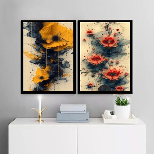 Kit 2 Quadros Decorativos Flores Orientais 33x24cm - Com Vidr