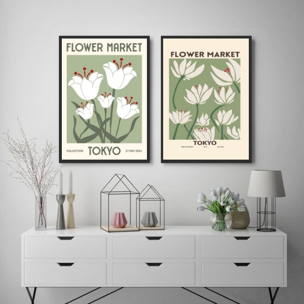Kit 2 Quadros Decorativos Flower Market - Tokyo 33x24cm - Com