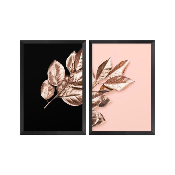 Kit 2 Quadros Decorativos Folhagem Rose Moderno Quarto Sala
