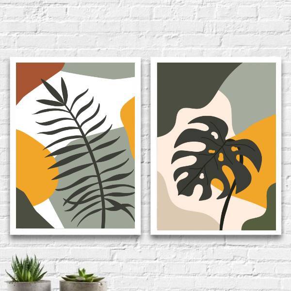 Kit 2 Quadros Decorativos Folhas Abstratas 33x24cm Moldura:ma
