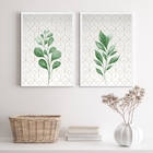 Kit 2 Quadros Decorativos Folhas Verdes Fundo Geométrico 45x3