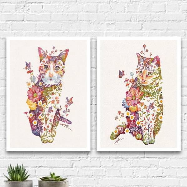 Kit 2 Quadros Decorativos Gatinhos Florais 33x24cm Moldura:ma