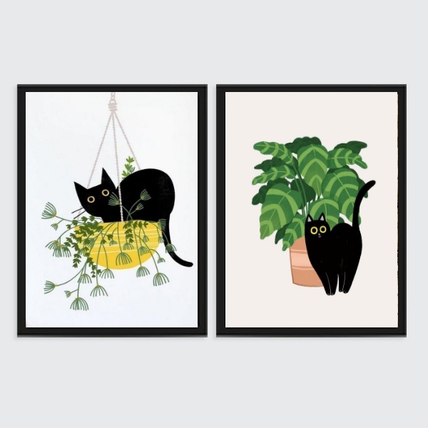 Kit 2 Quadros Decorativos Gato E Plantas 24x18cm - Com Vidro