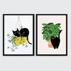 Kit 2 Quadros Decorativos Gato E Plantas 33x24cm Moldura:made