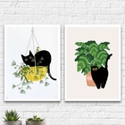 Kit 2 Quadros Decorativos Gato E Plantas 45x34cm - Com Vidro