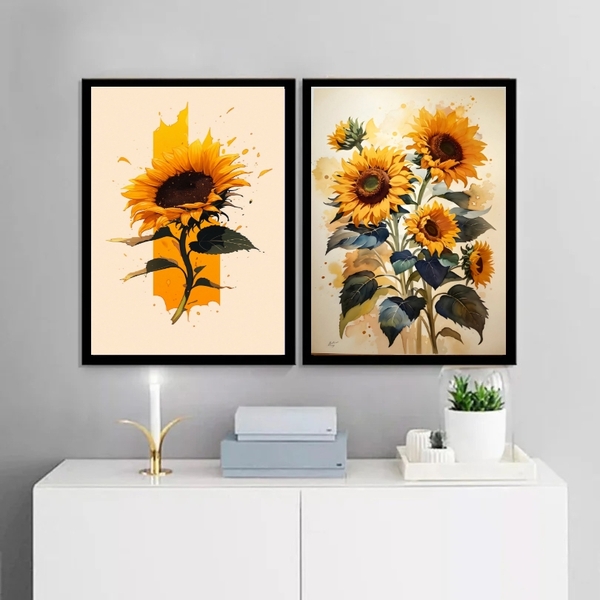 Kit 2 Quadros Decorativos Girassois 45x34cm - Com Vidro Moldu
