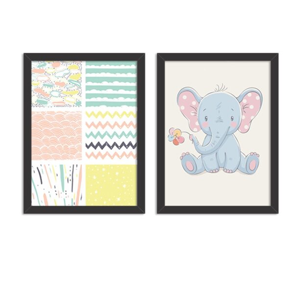 Kit 2 Quadros Decorativos Infantil Elefantinho Carinhoso
