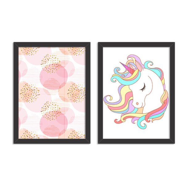 Kit 2 Quadros Decorativos Infantil Rosa Unicórnio