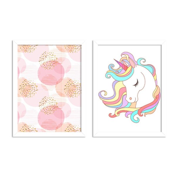 Kit 2 Quadros Decorativos Infantil Rosa Unicórnio