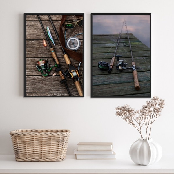Kit 2 Quadros Decorativos Instrumentos Pescaria 45x34cm Moldu