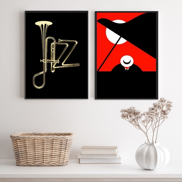Kit 2 Quadros Decorativos Jazz Preto E vermelho 45x34cm Moldu