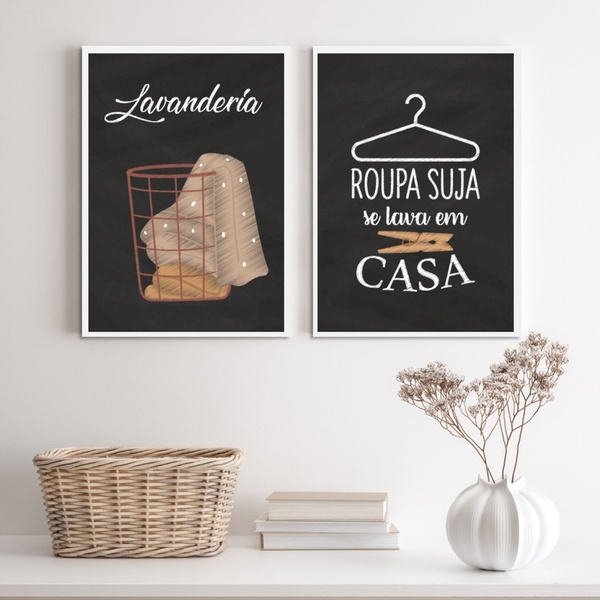 Kit 2 Quadros Decorativos Lavanderia Preto E marrom 2 33x24cm