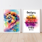 Kit 2 Quadros Decorativos Leão Frase amigos 45x34cm Moldura:m