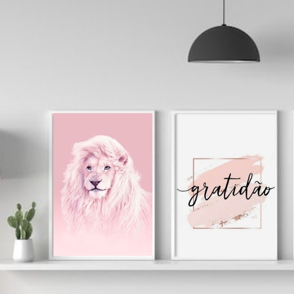 Kit 2 Quadros Decorativos Leão Rosa Gratidão 45x34cm Moldura: