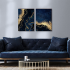 Kit 2 Quadros Decorativos Mármore Abstrato Azul Com Dourado 5