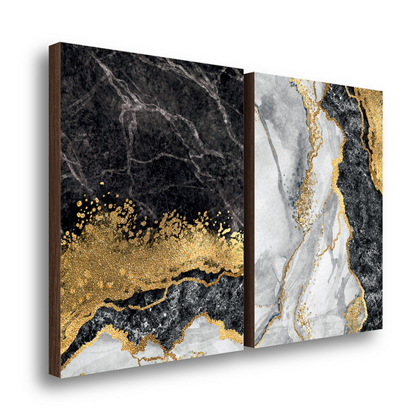 Kit 2 Quadros Decorativos Mármore Abstrato Cinza Com Dourado