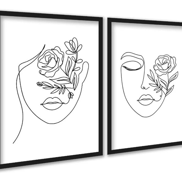 Kit 2 Quadros Decorativos Minimalistas Rostos Floral 24x18cm