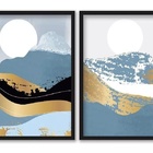Kit 2 Quadros Decorativos Montanhas Azul Com Dourado 24x18cm