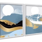 Kit 2 Quadros Decorativos Montanhas Azul Com Dourado 24x18cm