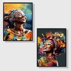 Kit 2 Quadros Decorativos Mulheres Afro 45x34cm Moldura:madei