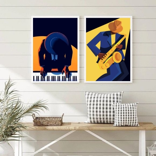 Kit 2 Quadros Decorativos Musicos Saxofone e piano 45x34cm -