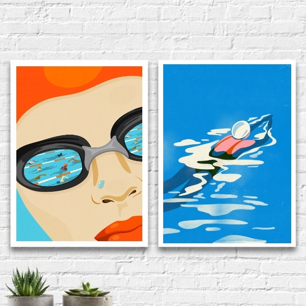 Kit 2 Quadros Decorativos Natação 45x34cm Moldura:madeira Pre