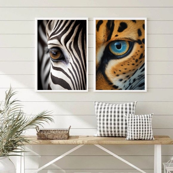 Kit 2 Quadros Decorativos Olhos De Animais 45x34cm - Com Vidr