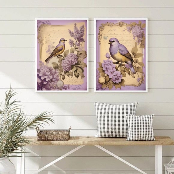 Kit 2 Quadros Decorativos Passarinhos Bougainville 45x34cm -