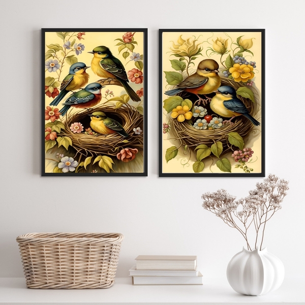Kit 2 Quadros Decorativos Passarinhos No Ninho 33x24cm Moldur