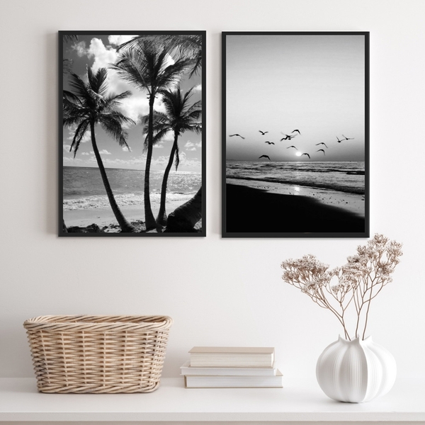 Kit 2 Quadros Decorativos Praia Preto E Branco 45x34cm Moldur