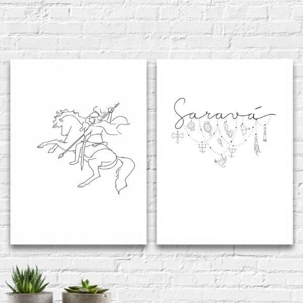 Kit 2 Quadros Decorativos São Jorge Saravá 33x24cm - Com Vidr