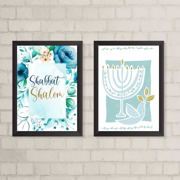 Kit 2 Quadros Decorativos Shabbat shalom 33x24cm - Com Vidro