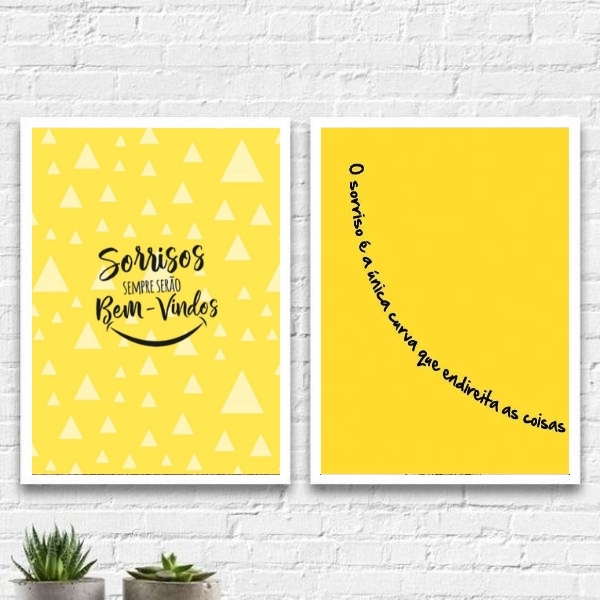 Kit 2 Quadros Dentista Sorriso Amarelo 45x34cm - Com Vidro Mo