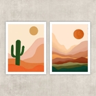 Kit 2 Quadros Deserto Boho 24x18cm - Com Vidro Moldura:madeir