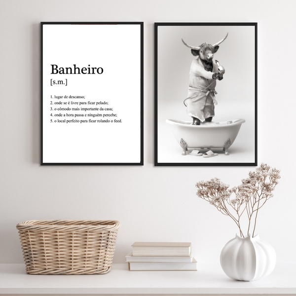 Kit 2 Quadros Divertidos Banheiro - Boi 33x24cm - Com Vidro M