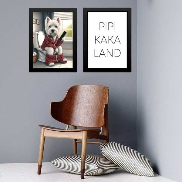 Kit 2 Quadros Divertidos Banheiro - Cãozinho 24x18cm - Com Vi