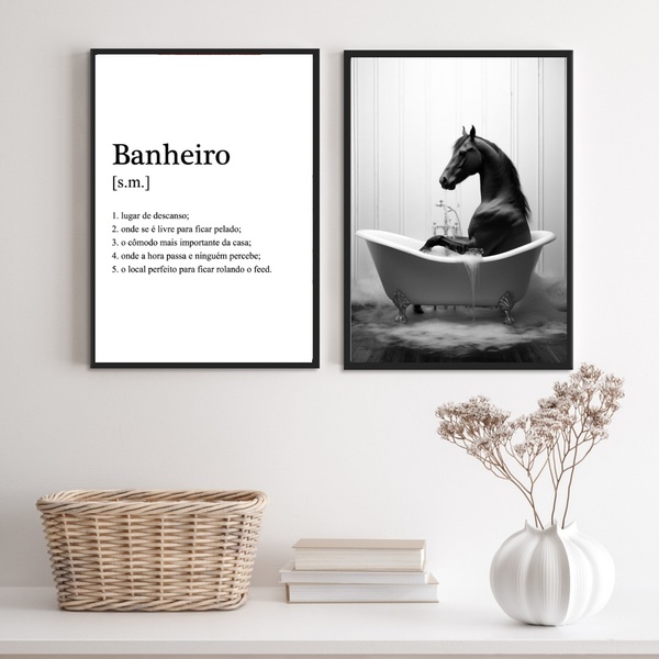 Kit 2 Quadros Divertidos Banheiro - Cavalo 33x24cm - Com Vidr
