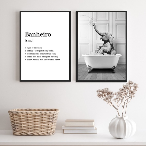 Kit 2 Quadros Divertidos Banheiro - Elefante 45x34cm - Com Vi