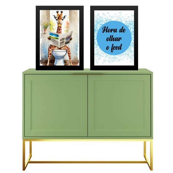 Kit 2 Quadros Divertidos Banheiro - Girafa 24x18cm Moldura Br