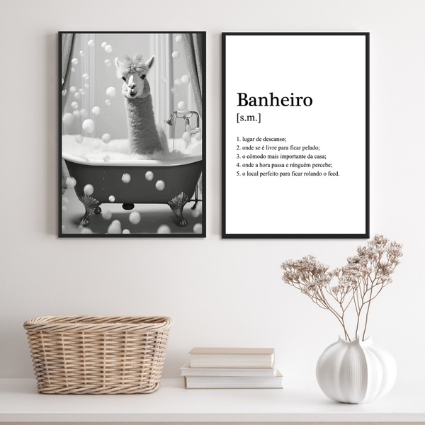 Kit 2 Quadros Divertidos Banheiro - Lhama 24x18cm Moldura:mad