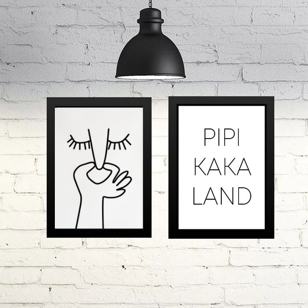 Kit 2 Quadros Divertidos Banheiro Minimalista 24x18cm Moldura