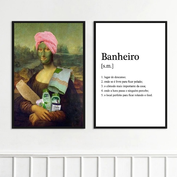 Kit 2 Quadros Divertidos Banheiro - Monalisa 45x34cm Moldura